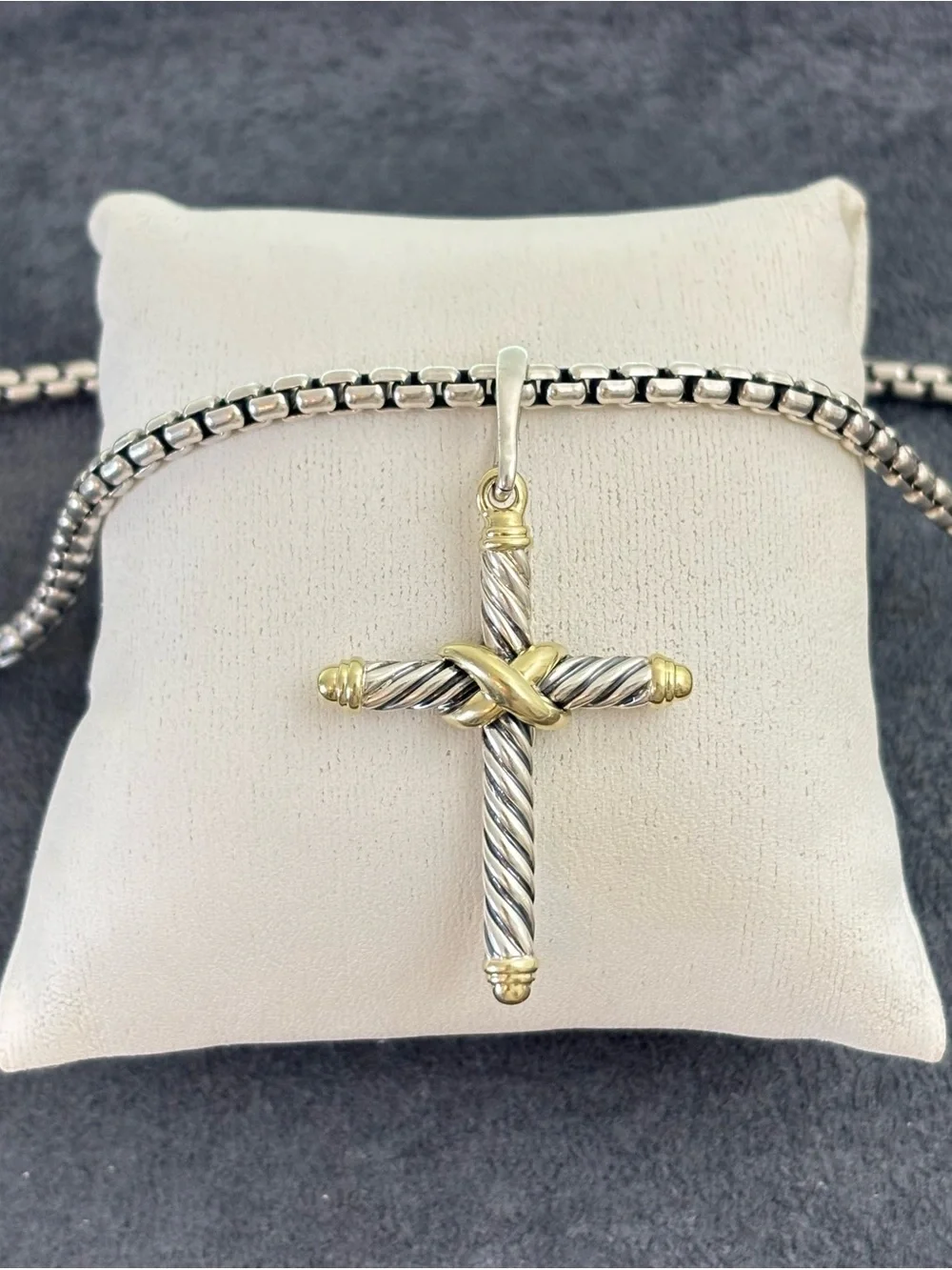 David Yurman 925 & 14k Gold Unisex Cable Cross Pendant Necklace 18